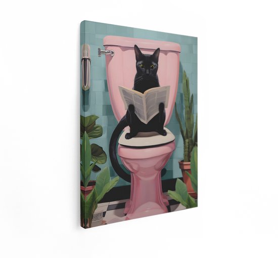 Artaza Canvas Schilderij Zwarte Kat - 60x80 cm - Wanddecoratie Toilet - Muurdecoratie Badkamer - Decoratie Krant - Schilderijen Op Canvas