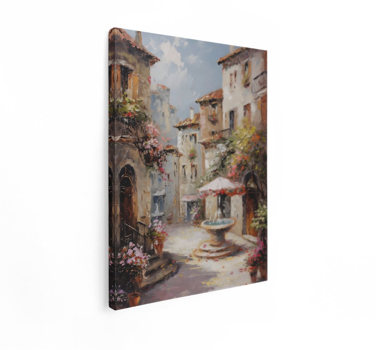 Artaza Canvas Schilderij Italiaans Dorpsplein - 90x120 cm - Wanddecoratie Fontein - Muurde