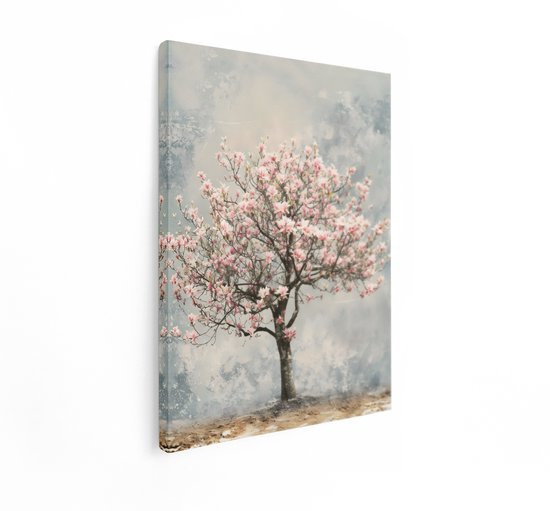 Artaza Canvas Schilderij Magnolia Boom - 90x120 cm - Wanddecoratie Roze Bloesem - Muurdecoratie Bloemen - Decoratie Woonkamer Vintage