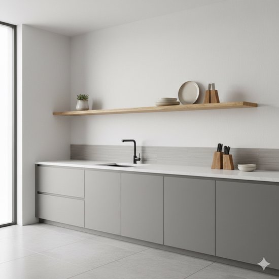 Moderne keuken met grijze onderkasten, een wit aanrechtblad, een zwarte kraan en een houten wandplank.