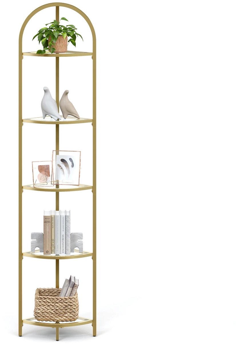 Kast - Opbergkast - Boeken Kast - Opbergkast - Hoekplank - 28 × 28 × 158 cm (L × B × H) - Goud - Metaal/Glas
