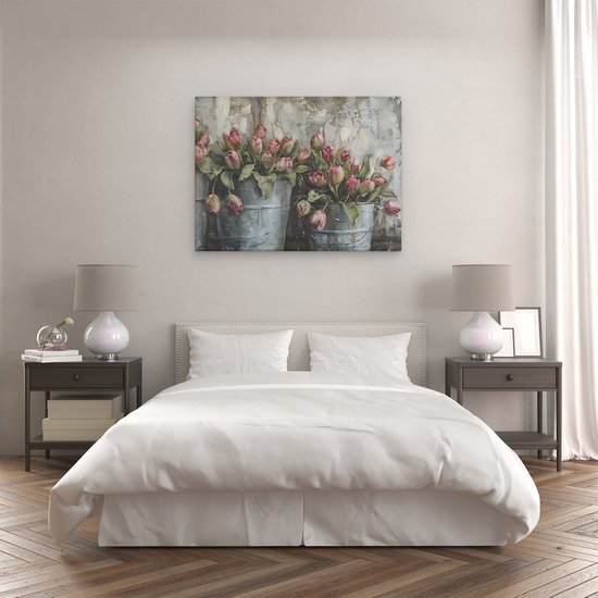 Artaza Canvas Peinture Peinture de Tulipes Rouges dans des Seaux Métalliques avec un Fond Rustique - 120x90 cm - Groot - Décoration Murale Salon - Peintures - Décoration Murale