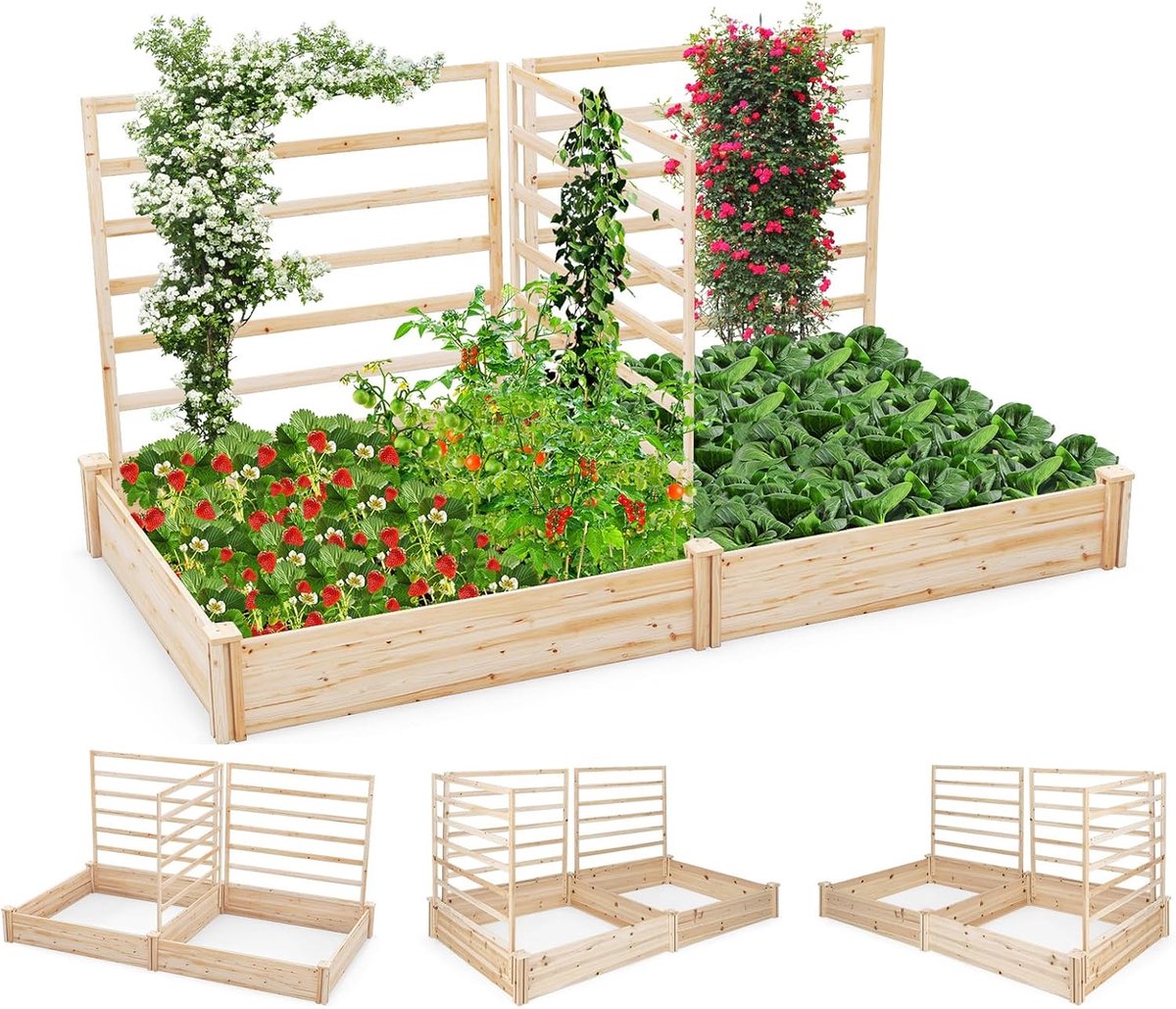 KOMFOTTEU Bloembak met rankrooster, verhoogd bed met 3 laten, plantenbak met klimhulp, tuinbed, tuinspalier van dennenhout, voor klimplanten, 222 x 114 x 110 cm