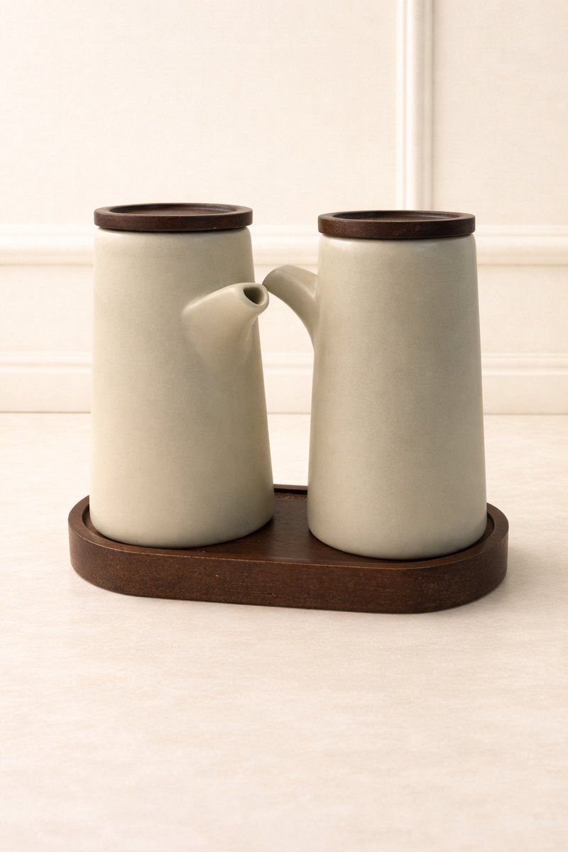 Mevaz Olie & Azijn Set 300 ml – Keramische Flessen met Houten Houder – Crème Beige – Japandi Design