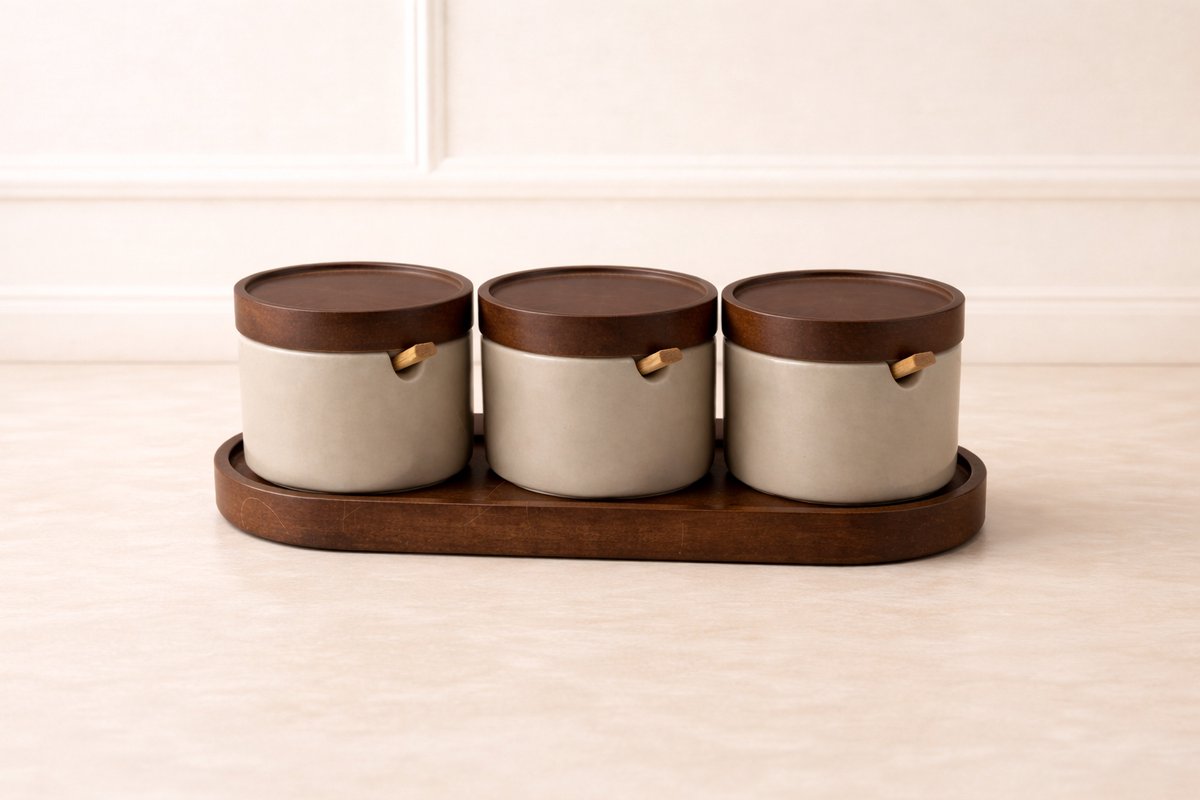 Mevaz Voorraadpotjes / Kruidenpotjes 3-delig – Keramiek – Houten Deksel – Houten Plateau – Ø 9 cm