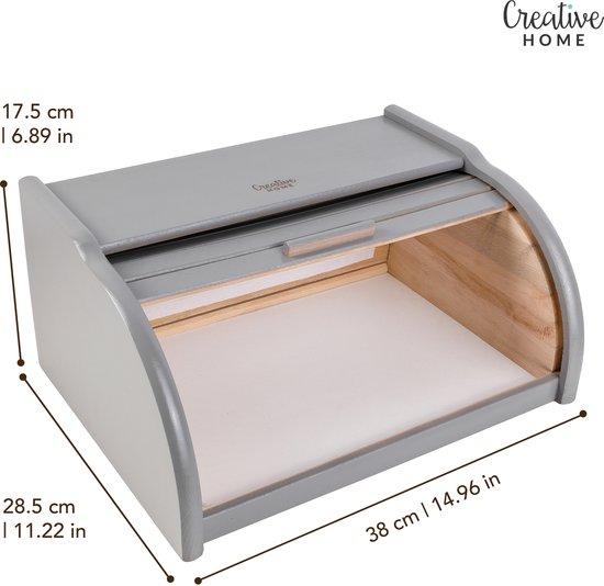 Creative Home Boîte à Pain en Bois Grijs | 38 x 28,5 x 17,5 cm (+/- 1 cm) | Bois de hêtre naturel | Conteneur avec Rolltop | Boîte à pain pour chaque Cuisine | Perfect pour les aliments secs