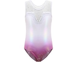 Meisjes Turnpakje – Iriserend wit met roze ombré – Met Glitter & Strass – Mouwloos Gymnastiek Pakje – 11-12 jaar
