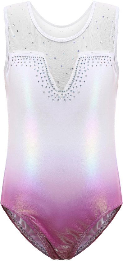 Meisjes Turnpakje – Iriserend wit met roze ombré – Met Glitter & Strass – Mouwloos Gymnastiek Pakje – 11-12 jaar