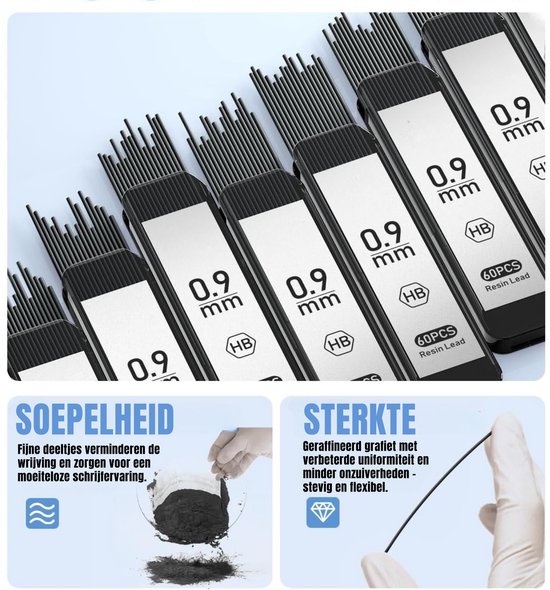 Bovenaanzicht van meerdere verpakkingen met elk 60 stuks 0.9 mm potloodvullingen. De tekst spreekt van soepelheid en sterkte.