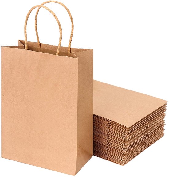 50 X Papieren Draagtassen Van Bruine Kraftpapier Met Gevlochten Oren 