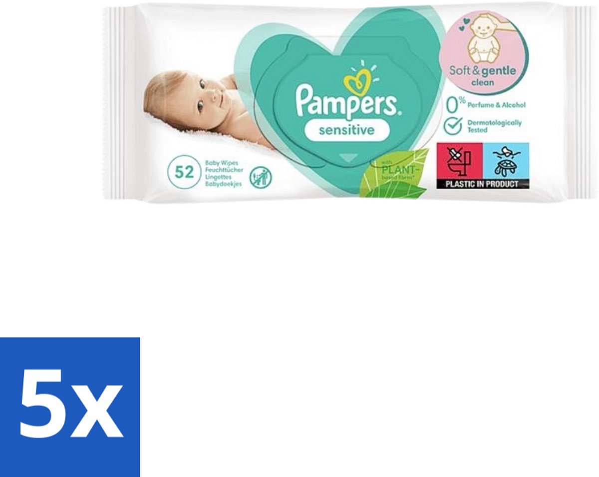 5 x Pampers – Babydoekjes – Sensitive – 52 Doekjes - Babydoekjes - Gevoelige Huid - Pasgeboren Baby - Zachte Reiniging - Soft Grip Texture