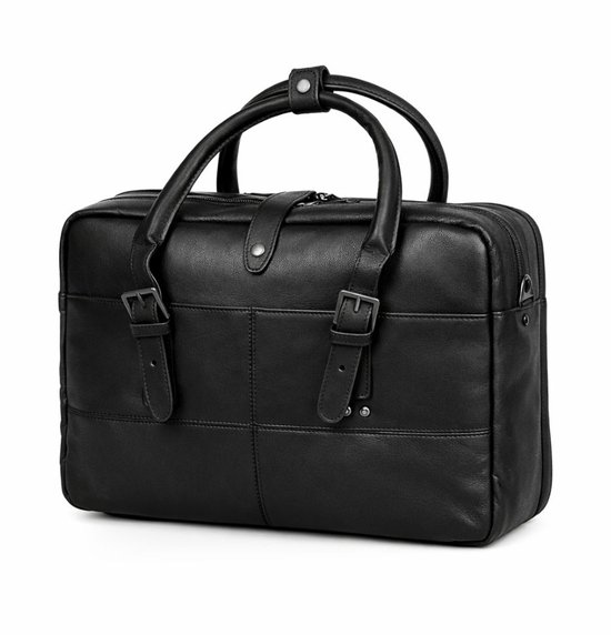 Davidt's Stijlvolle Leren Werktas Zwart - Business Tas - Trendy Aktetas Rundleer - 15.6 inch Laptoptas - Veel Vakken