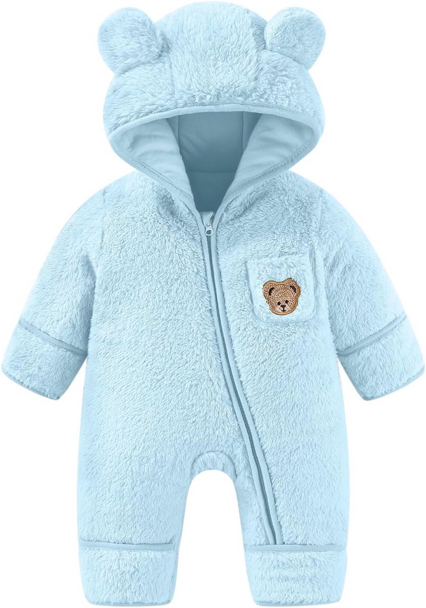 Warme Fleece Babyoverall met Capuchon en Opvouwbare Wanten voor Jongens en Meisjes
