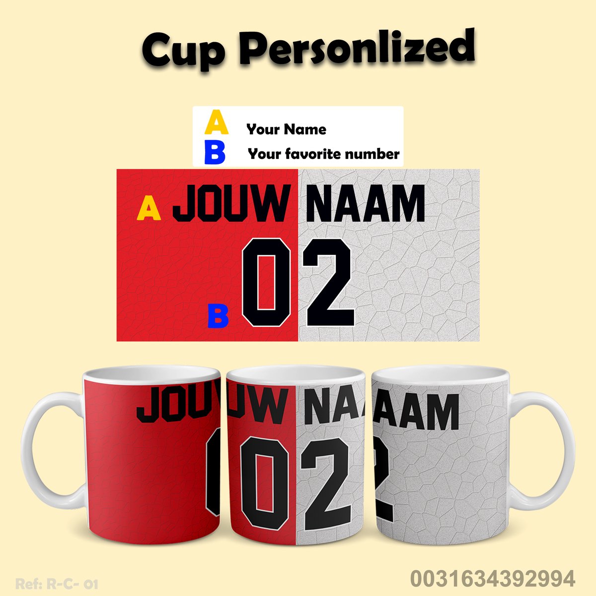 Rotterdam Football Mug - Personalized With Your Name and Number - Football Shirt on Mug - 325 ml - Coffee Mug - Football Gift