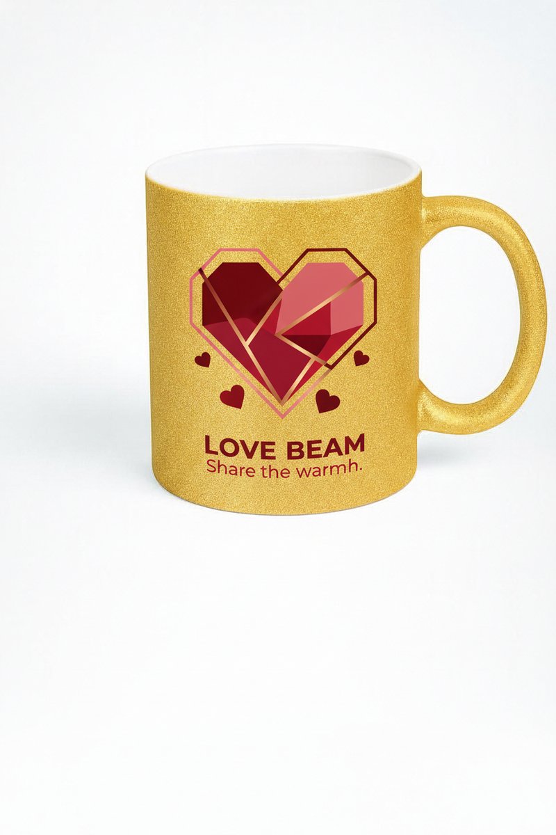 Gouden Glitter Mok 'Love Beam' - Geometrisch Hart Design & Warme Boodschap