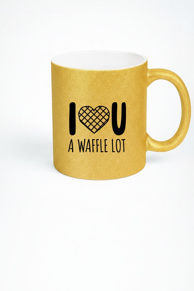 Gouden Glitter Mok 'I U A WAFFLE LOT' met Wafelhart - Grappig Liefdes Cadeau Beker