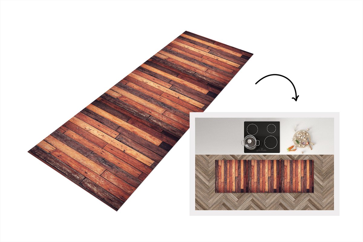 KitchenYeah Keukenloper 150x50 cm - Keukenmat vinyl Plank - Vintage - Patroon - Keukenmatten loper - Keuken vloerkleed tapijt Planken - Vintage