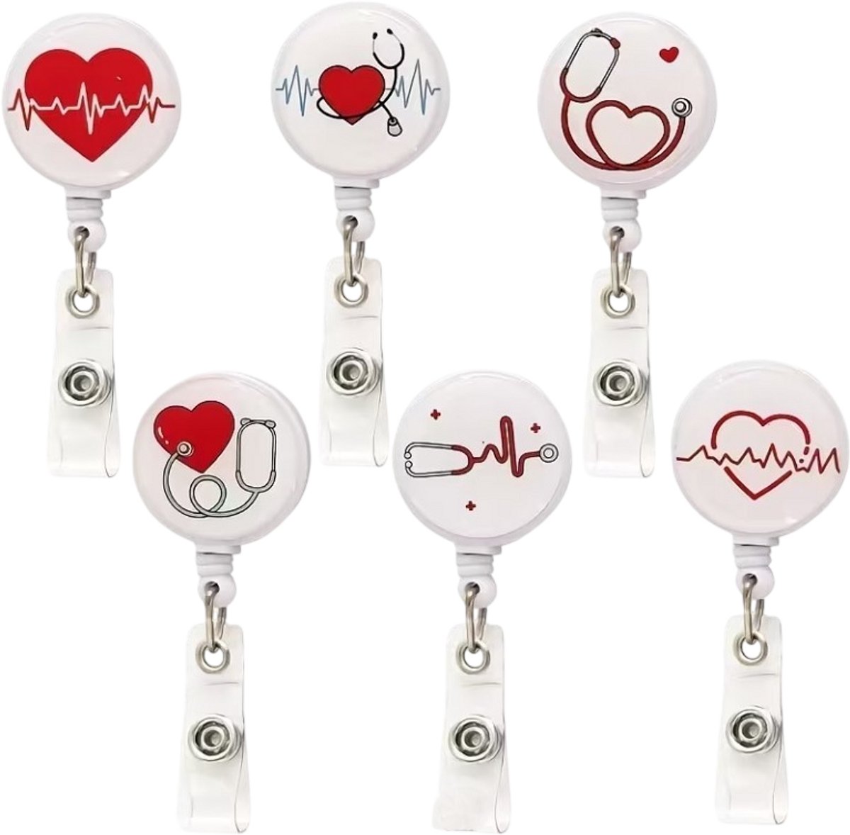 Mj Joys® - Badgehouder met trekkoord - 6-delige Set - Uitschuifbare Badgehouders met Clip - Badgehouder met afrolmechanisme - Badge houder - Badgehouder met koord - Badgehouder - Badgehouder met trekkoord - Stethoscoop Hart