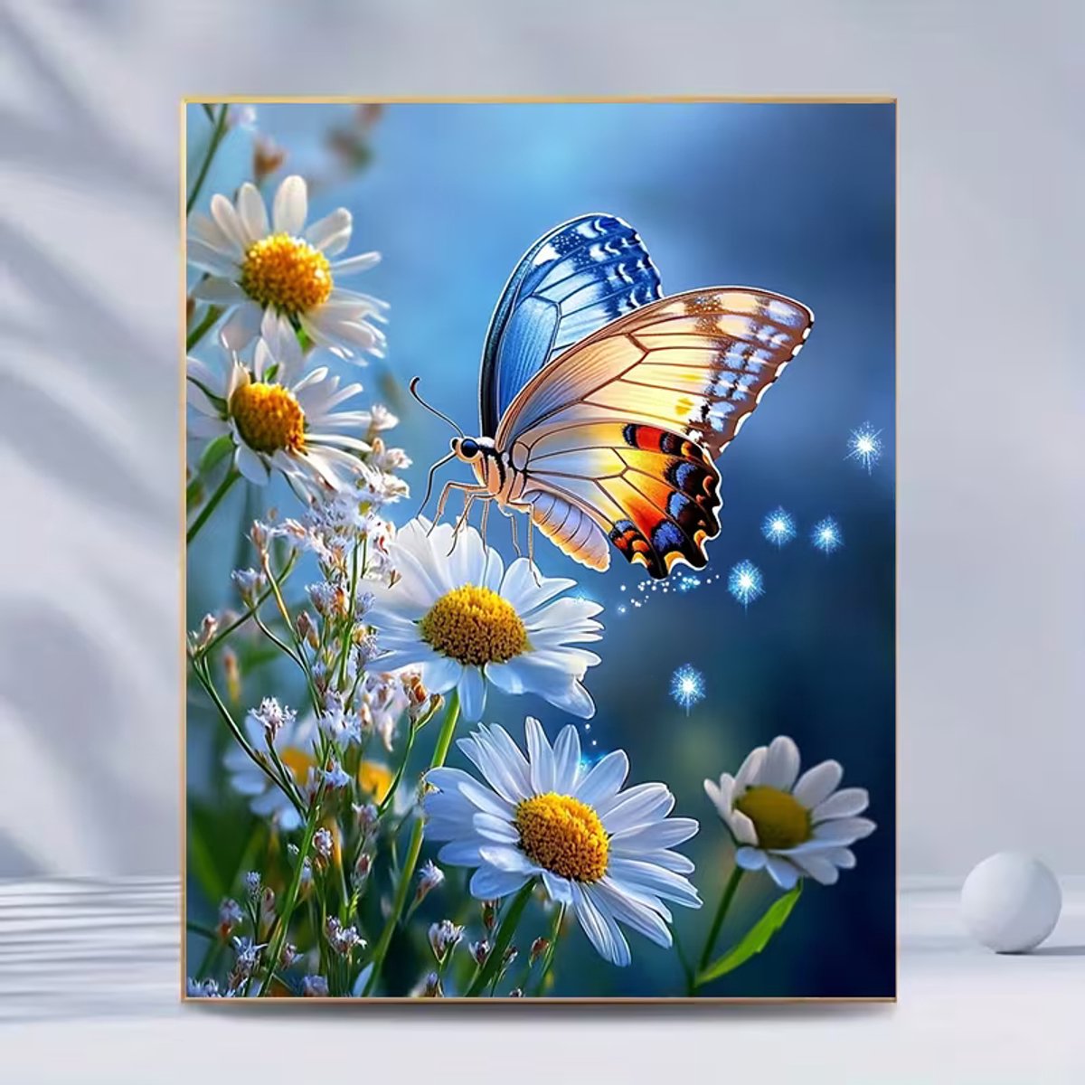 diamond painting bloemen - margrieten en vlinder 30 x 40 cm