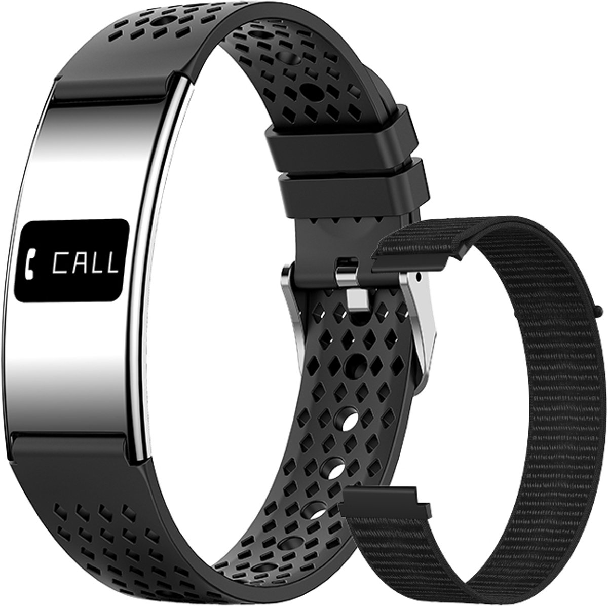 WizBay Premium Select® Smart Bracelet 2026 - Ultradun 2,8 mm - Hartslag en SpO2 - Slaapmonitor - 5ATM Waterdicht - Fitness Tracker - IPS Screen - Android en iOS - Zilver - Siliconen band Zwart Gewoven en Siliconen Band Zwart