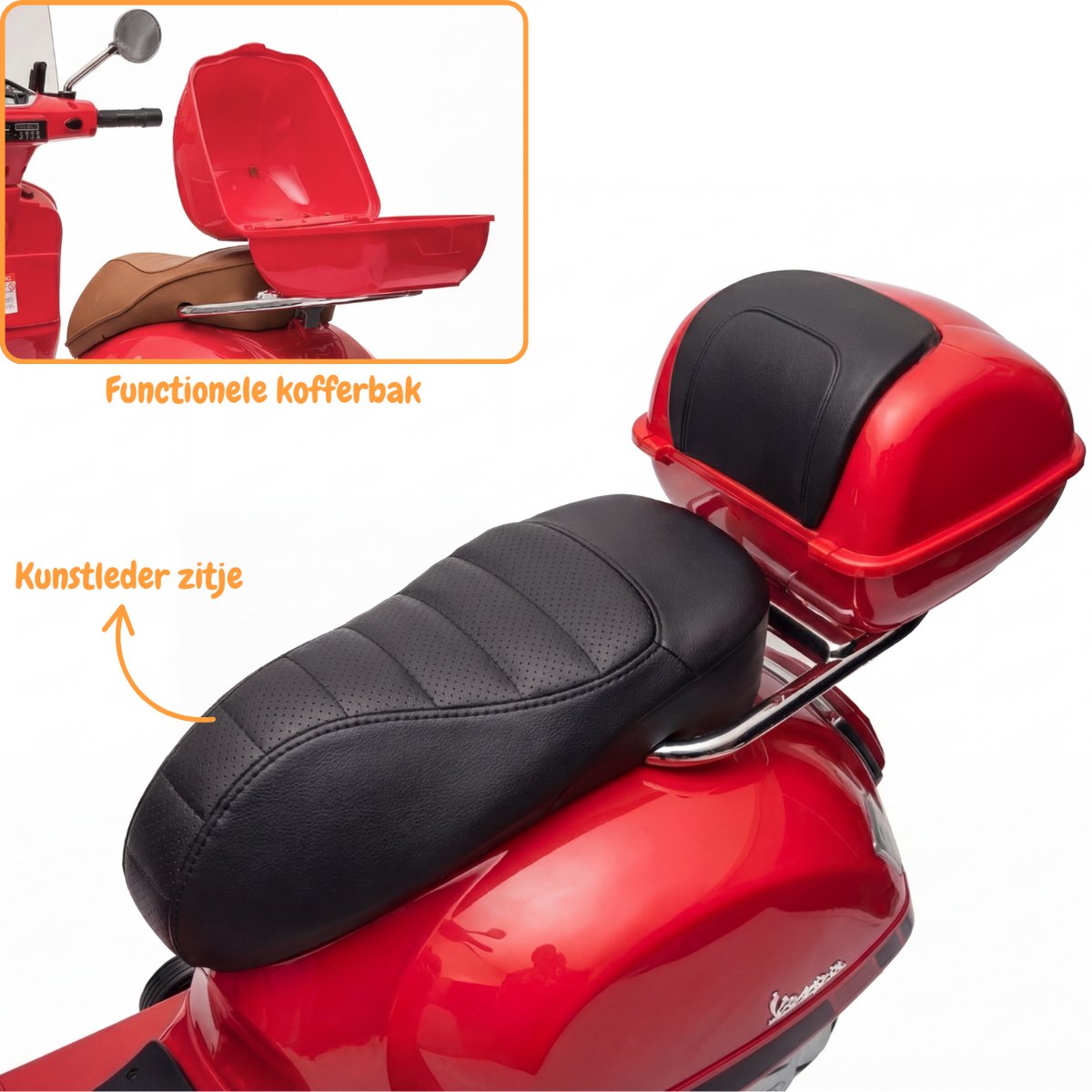 Vespa GT Full Option Elektrische Kinderscooter 3 tot 6 jaar – Officieel Gelicentieerde Kinder Vespa met Kofferbak & Verwijderbare Zijwieltjes – Li-ion Kindermotor met Kunstlederen Zitje, MP3 AUX & USB – Rood — afbeelding 8