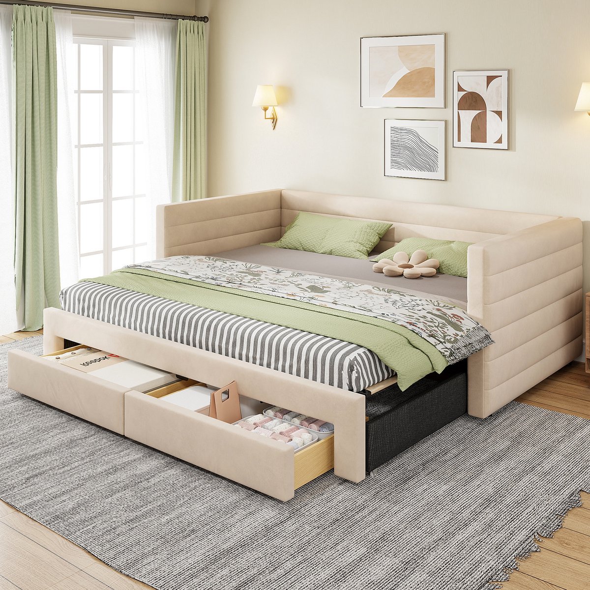 Sweiko Gestoffeerd bed - 90/180 x 190 cm - Uitschuifbare slaapbank - 2 lades - Linnen stof - Beige