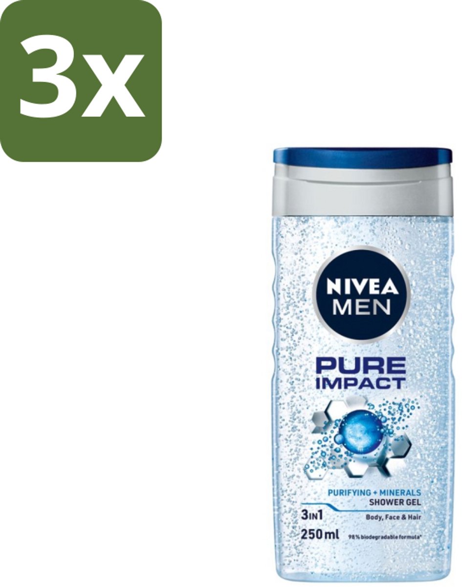 Nivea Men – Douchegel – Pure Impact – 250 ml - Bulkverpakking - 3 stuks