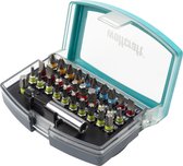 Geopend Wolfcraft bitset met 32 diverse bits en een metalen bithouder, in een blauwgroen koffer.