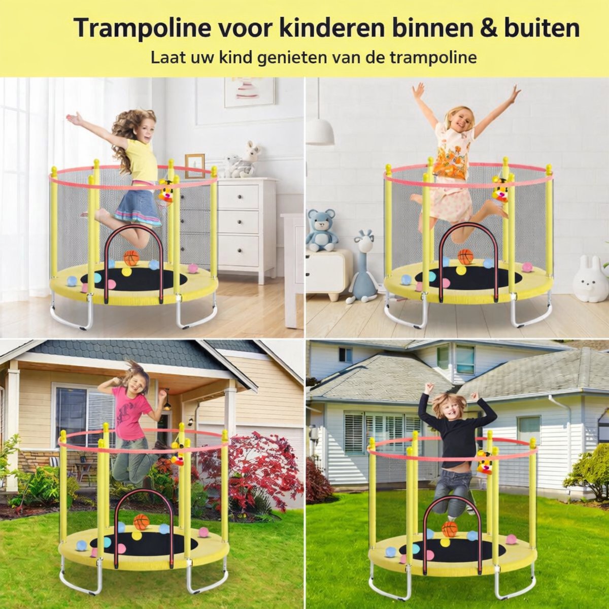 Kinder Trampoline-Ø150cm-Verhoogd veiligheidsnet-Stalen frame-Stabiele trampoline voor binnen/buiten-Geel — afbeelding 3