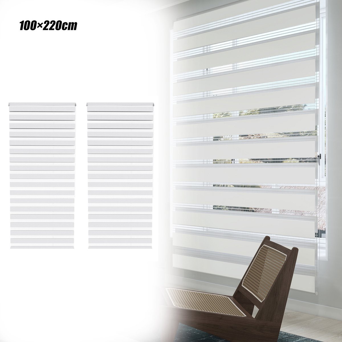 Aufun set van 2 verduisterende rolgordijnen – wit – 100 x 220 cm – klembevestiging (boren niet nodig) – voor ramen en balkondeuren