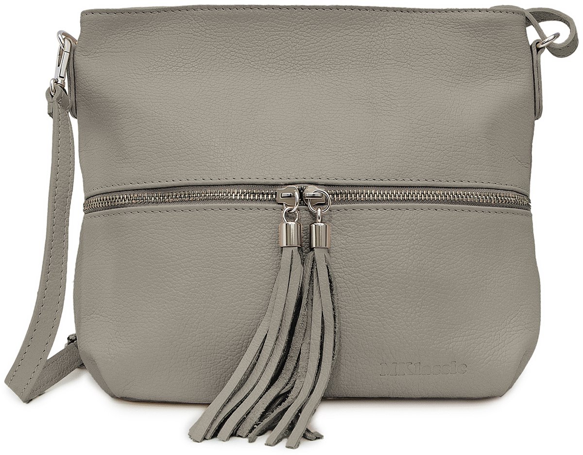 MKlassic Italiaanse damesleren handtas Taupe – Elegante schoudertas met kwastje en Taupe accenten – Hoogwaardige schoudertas van echt rundleer voor dagelijks gebruik en zakelijk gebruik - gemaakt in Italië MK05-300-57