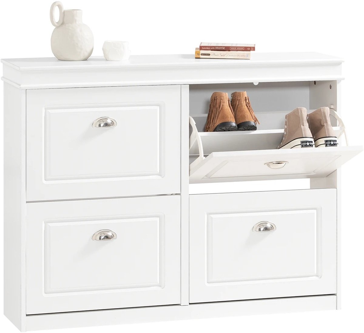 DIMICO - Schoenenkast - Schoenenrek - Kast - Halmeubel - Halkastje - Schoenenplank - Wit - 4 Flappen - 8 Vakken - 105x83x24 cm