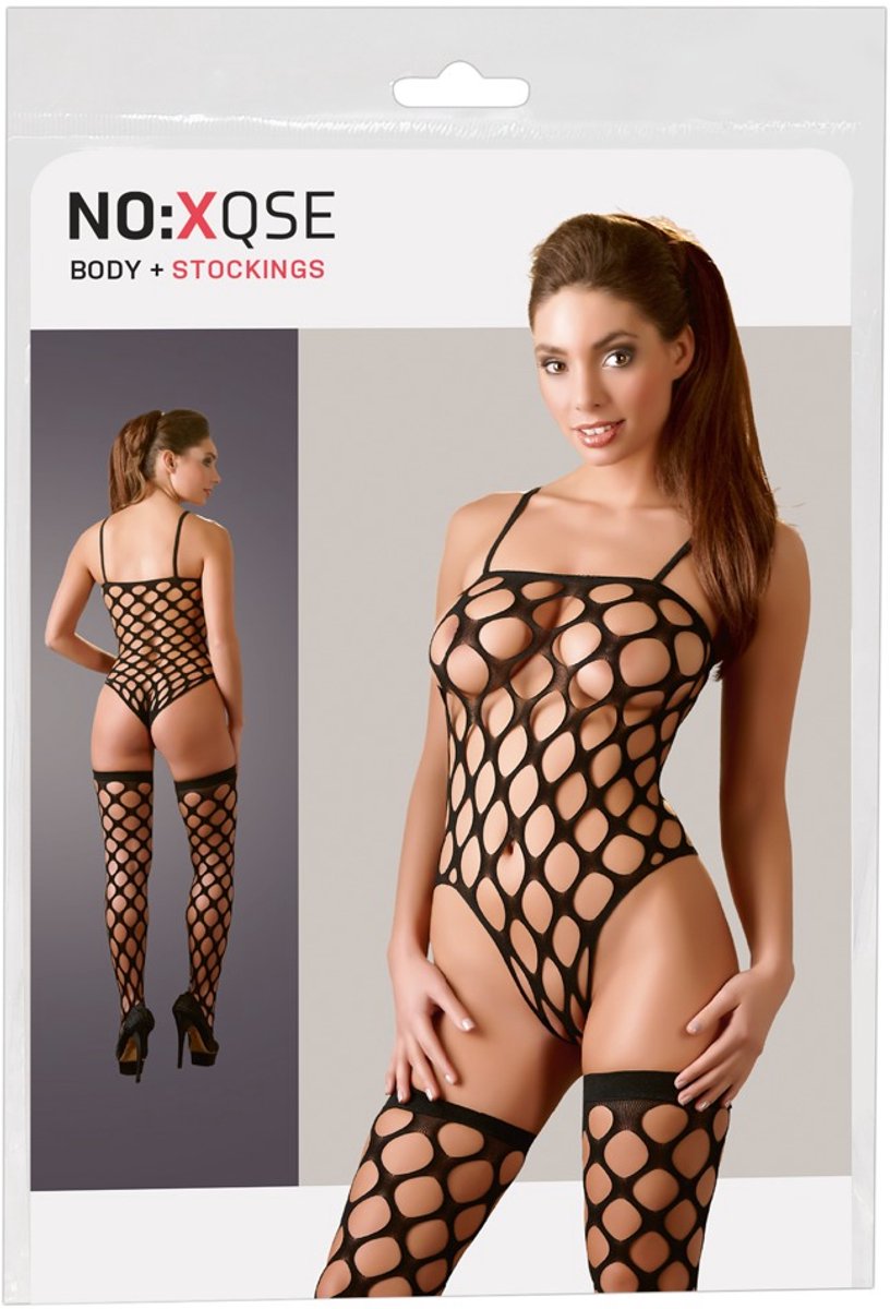 Mandy Mystery Lingerie – Erotische Open Body met Kousen Vol Toegang voor Partner – One Size – Zwart