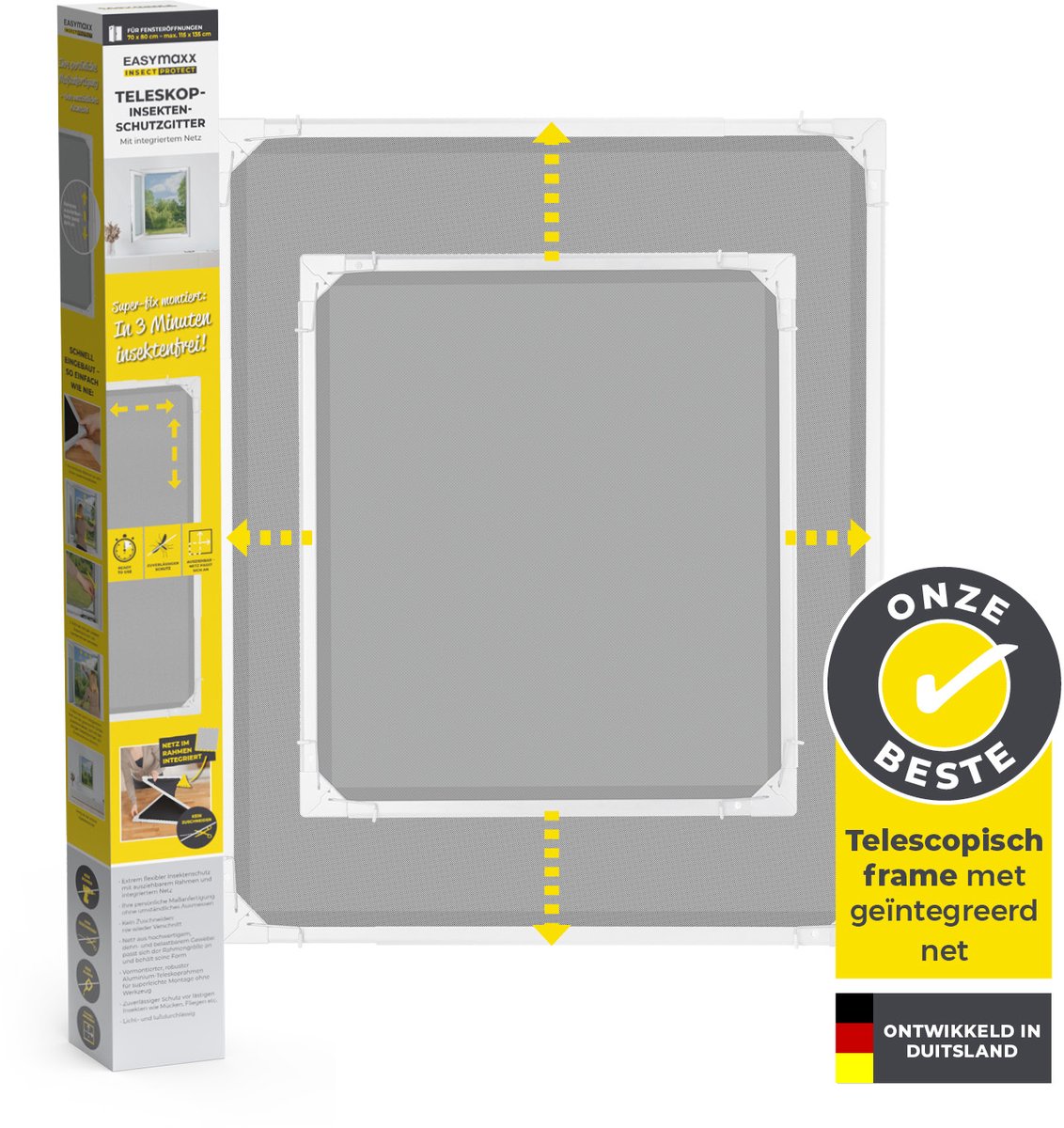 EASYmaxx Insect Protect Telescopische insectenhor voor ramen, met voorgemonteerd frame, uittrekbare insectenbescherming, geïntegreerd muggennet, min. 73 x 83 cm–max. 120 x 140 cm - wit, 1 stuk