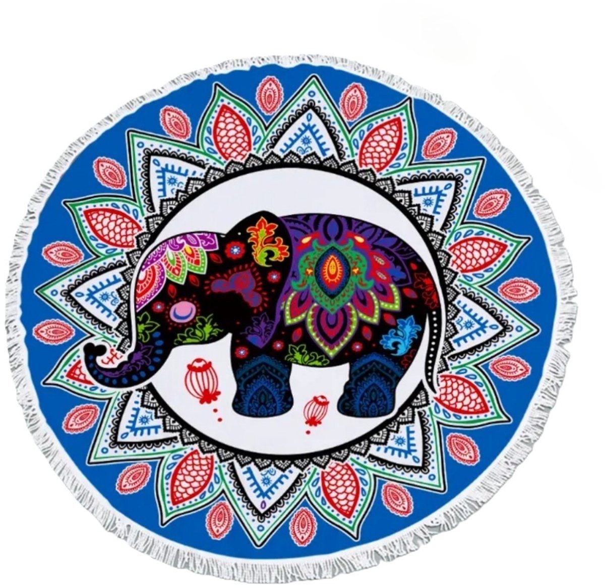 Mj Joys® - Strandlaken – Strandhanddoek Rond – Badlaken Olifant Mandala – Strandkleed – Strandhanddoek – Yogakleed – Blauw – Diameter 150 cm