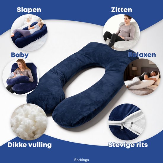 Earkings Zwangerschapskussen Zijslaapkussen 140x80cm U-vorm met Afneembare hoes - Body Pillow blauw van Merkloos — afbeelding 4