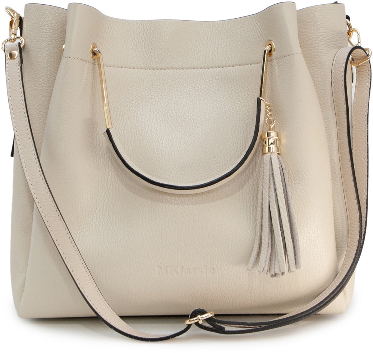 MKlassic Italiaanse damesleren handtas Beige – Elegante schoudertas met kwastje en gouden accenten – Hoogwaardige schoudertas van echt rundleer voor dagelijks gebruik en zakelijk gebruik - Made in Italy - MK03-320-37