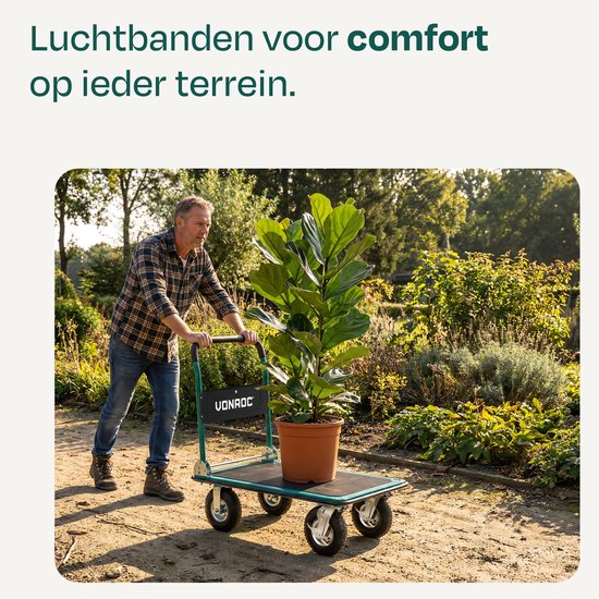 VONROC Premium Plateauwagen – met luchtbanden – inklapbaar – draagvermogen max 300 kg – groot laadplatform 90x60 cm - inclusief spanbanden