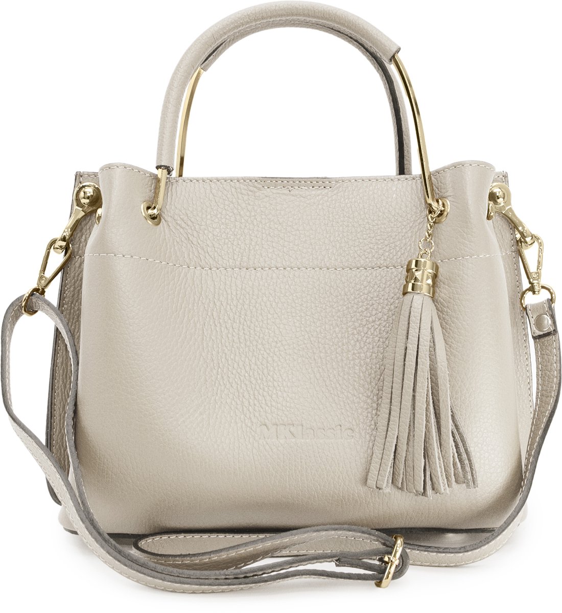 MKlassic Italiaanse damesleren handtas Beige – Elegante schoudertas met kwastje en gouden accenten – Hoogwaardige schoudertas van echt rundleer voor dagelijks gebruik en zakelijk gebruik - Made in Italy - MK01-300-37