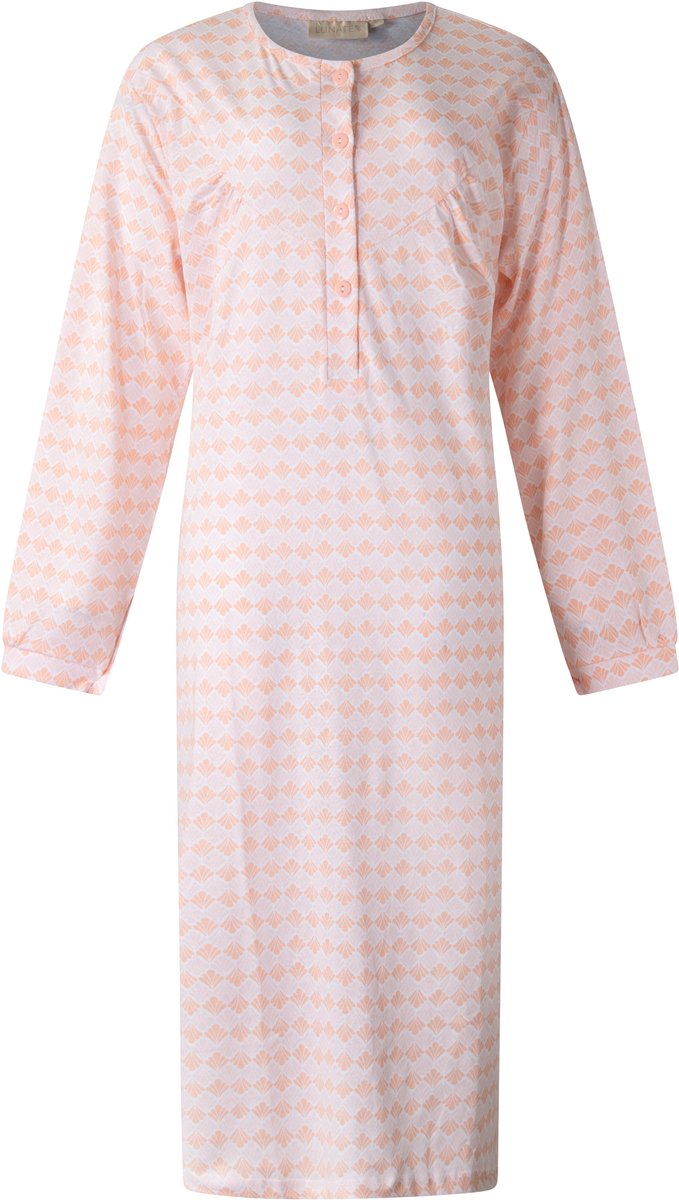 Lunatex dames nachthemd 5027 lange mouw - nachtjapon van 100% katoen - peach met print