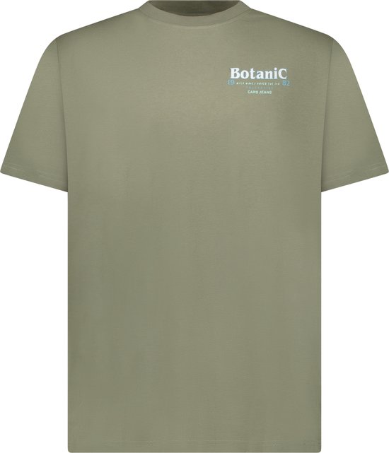 Olijfgroen T-shirt met kleine tekst 'Botanic' en 'CARS JEANS' op de borst.