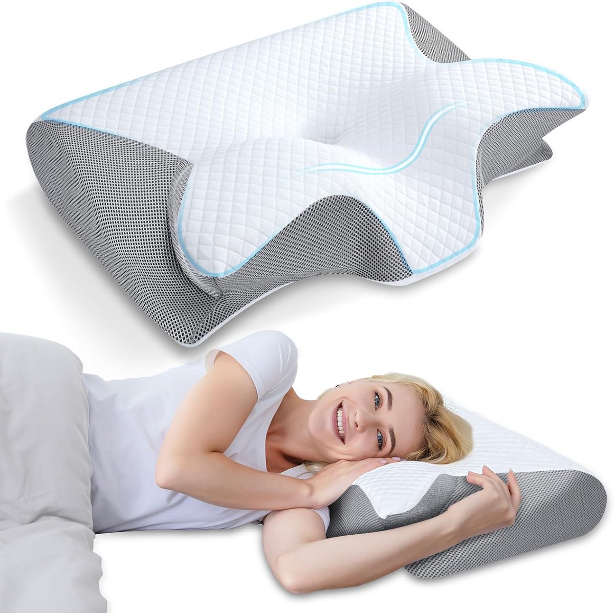 Orthopedisch Cervicaal Kussen met Geheugenschuim - 2-in-1 Ergonomisch Ontwerp voor Nekpijnverlichting - Contour Ondersteuning voor Zij-, Rug- en Buikslapers - Langzame Terugverende Orthopedische Hoofdondersteuning