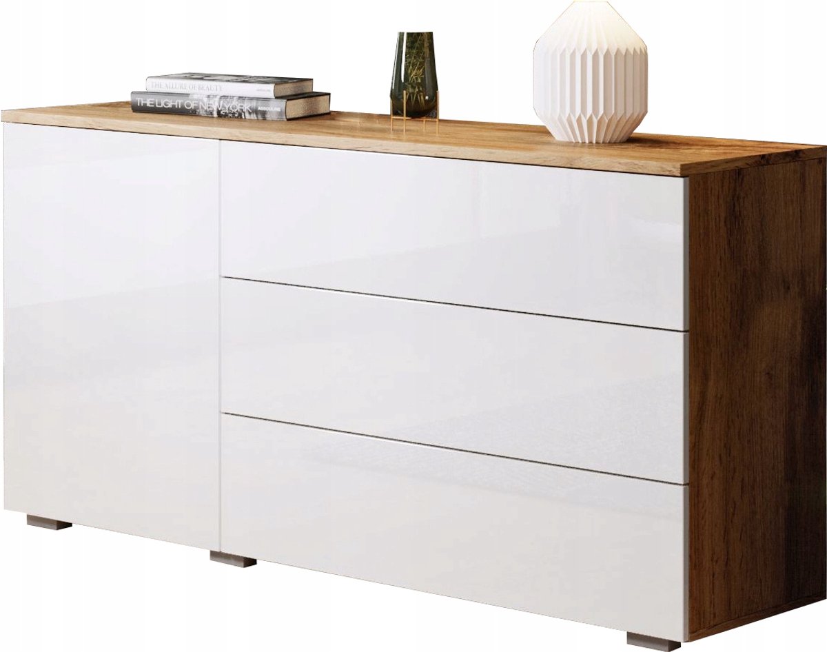 Moderne Dressoir Kommode Paris 110 cm – 3 Lades & 1 Deur – Push-to-Open Systeem – Wotan Eiken & Wit Hoogglans – Breedte 111 cm
