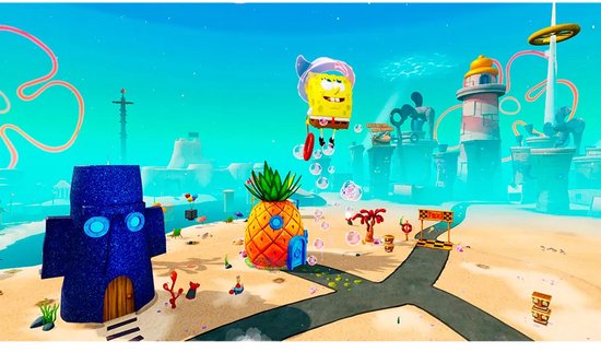 SpongeBob zweeft met een roze helm boven een zanderig strand met een ananashuis en een blauwe krabburg.