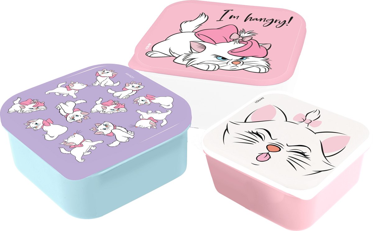 Disney's Classics Aristokatten Marie 3-in-1 Snackdoosjes - 3 formaten - Vierkant - Sluit goed af - Lunchboxen voor kinderen - Los deksel - Geschikt voor koekjes, fruit en snacks - Turquoise/Wit/Roze