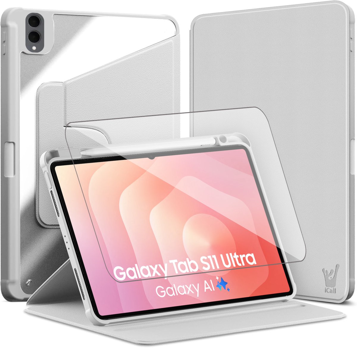 Hoes en Screenprotector geschikt voor Samsung Galaxy Tab S11 Ultra 11 14.6 inch – 360° draaibaar – Met pencil houder – Grijs