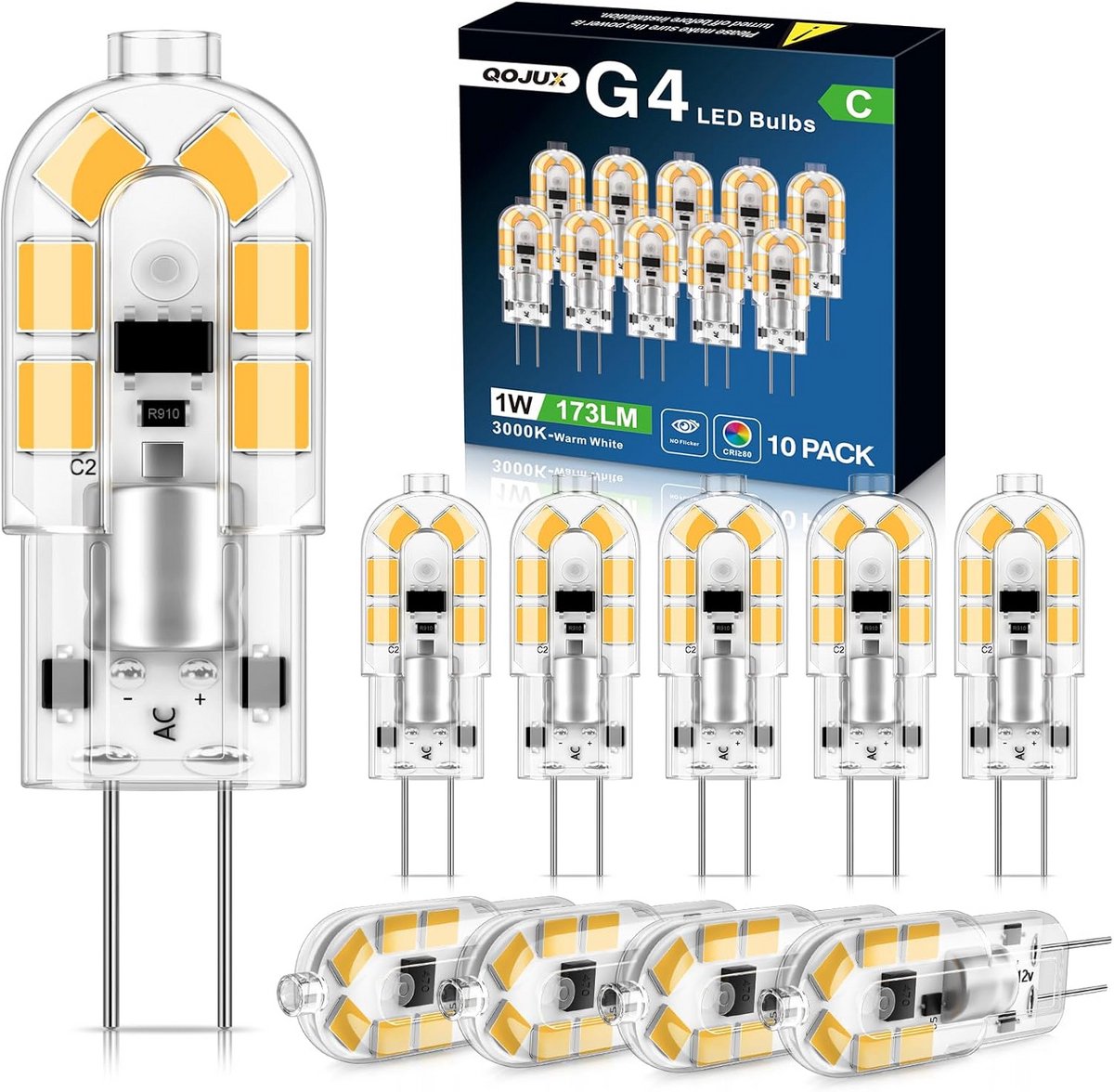 Set van 10 LED G4 Lampen 1W Warm Wit 3000K Hoog Rendement