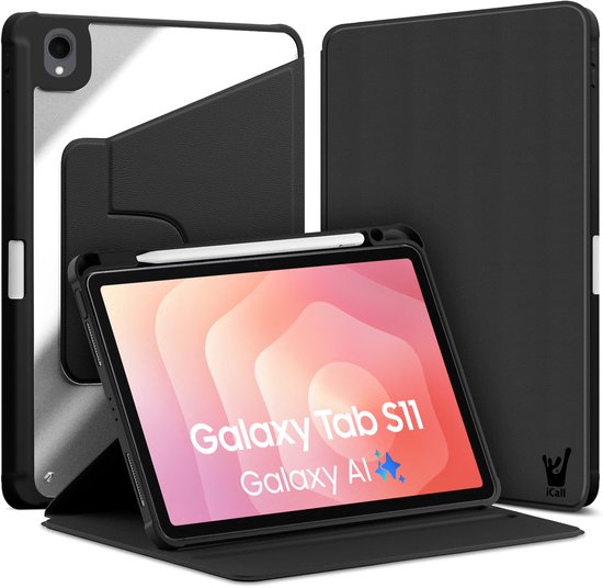 Zwarte tablethoes voor Galaxy Tab S11, met standaard en pencil houder.