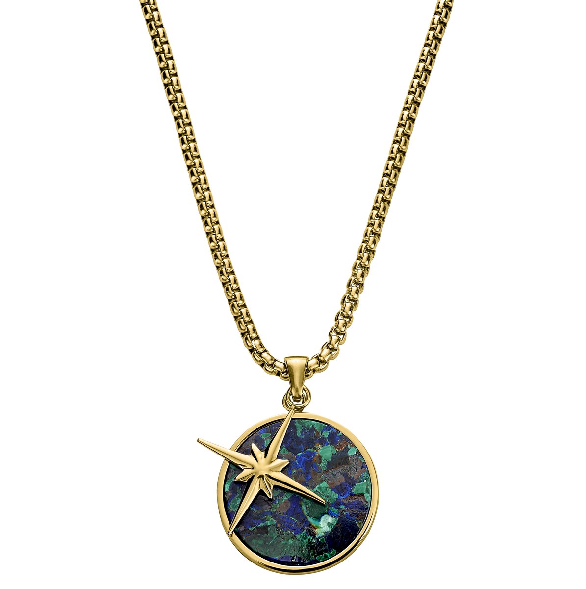 Atlas | Goudkleurige Hangerketting met Azuurmalachiet en Poolster