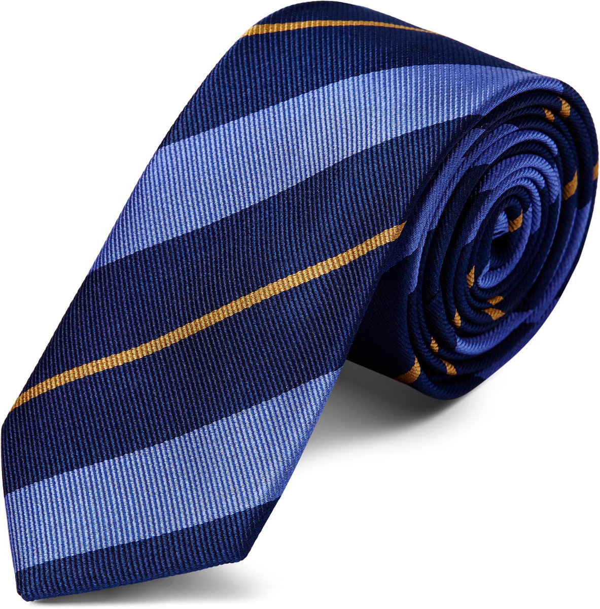 Marineblauwe 6 cm Zijden Stropdas met Pastelblauwe & Goudkleurige Strepen